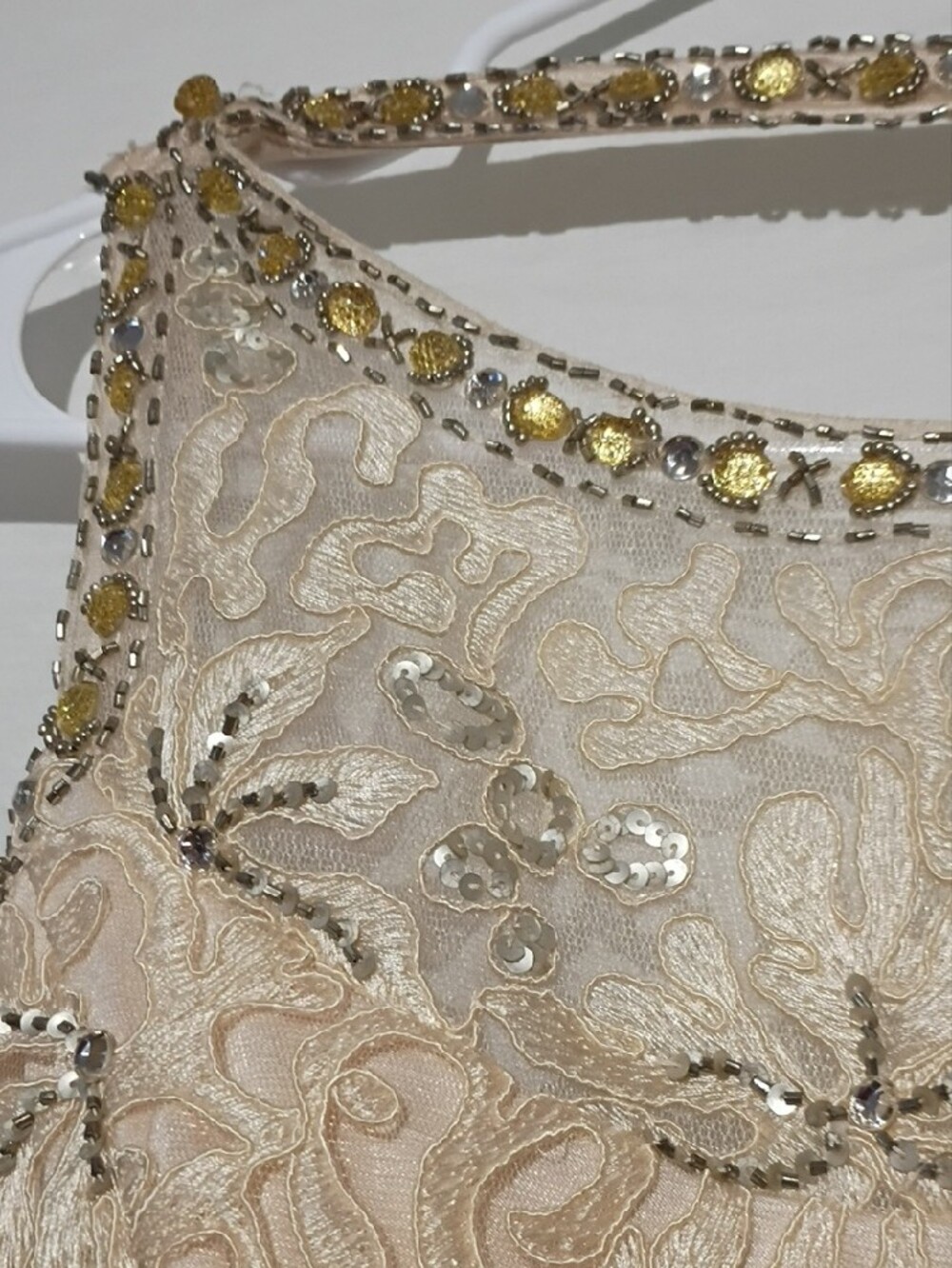 Sue Wong Ivory Lace Beaded Illusion Neck Midi Dress, Silver Sequins, Open Back - Picture 8 of 16